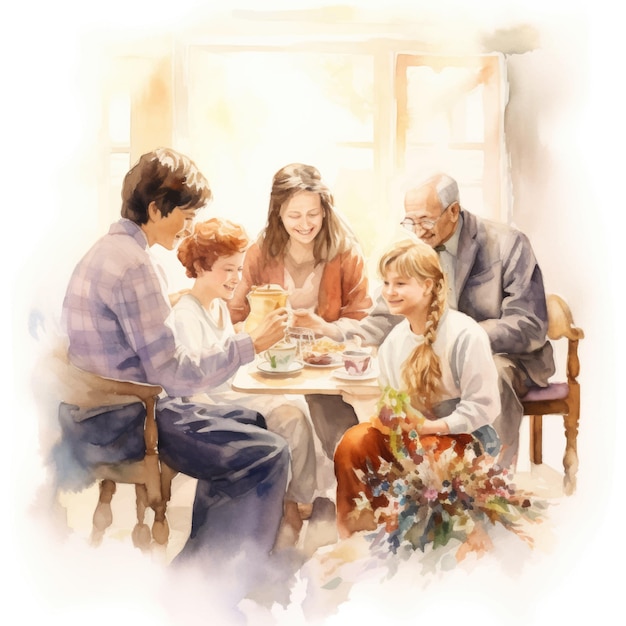 Familia feliz sentada en la mesa del comedor Ilustración de pintura acuarela