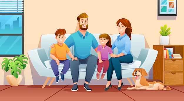 Familia feliz sentada en el sofá en casa con el padre, la madre, los niños y una ilustración de mascotas