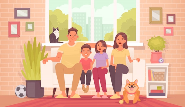 Vector familia feliz está sentado en el sofá. mamá, papá, hija, hijo y mascotas en casa, contra el fondo de la habitación.