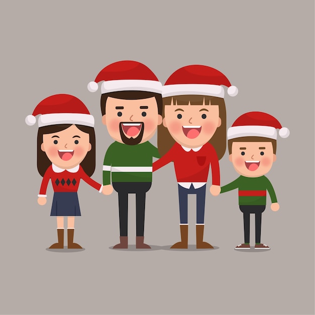 Familia feliz con sombreros de Navidad. Ilustración plana.