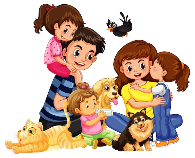 Vector familia feliz con sus mascotas sobre fondo blanco.