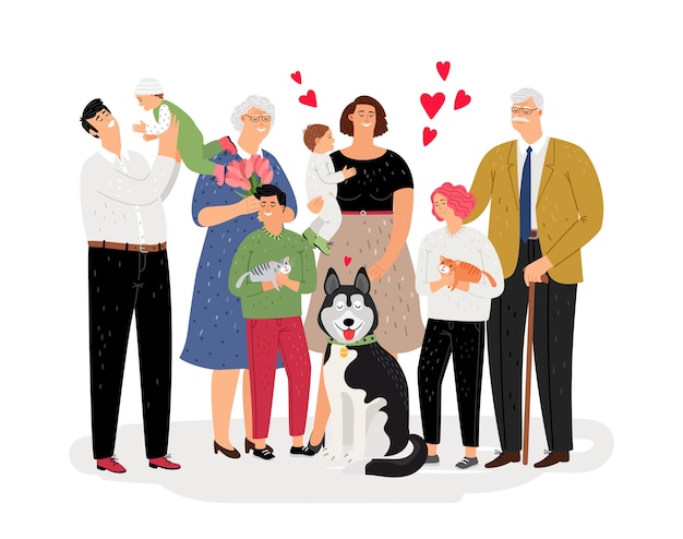 Familia feliz unida. Ancianos, mamá, papá, personajes infantiles. Familia con mascotas ilustración vectorial