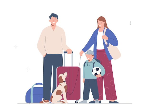 La familia feliz se va de vacaciones. madre, padre, hijo y perro viajan juntos. el concepto de viaje