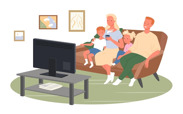 Vector familia feliz ver televisión o películas, sentarse en la ilustración de vector de sofá en casa viendo la televisión juntos