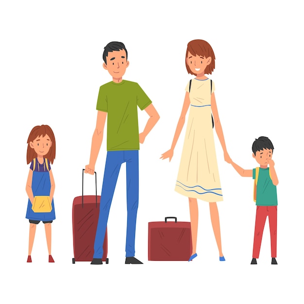 Familia feliz viajando de vacaciones Padre Madre Hija e hijo de pie con maletas Ilustración vectorial