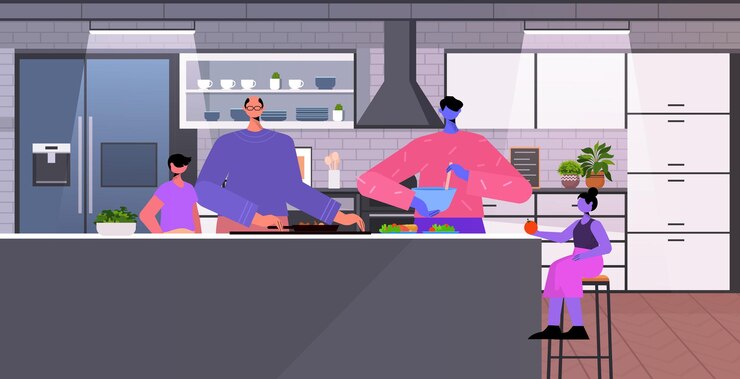 Vector familia gay niños pequeños preparando comida transgénero amor lgbt comunidad concepto cocina interior horizontal ilustración vectorial de longitud completa