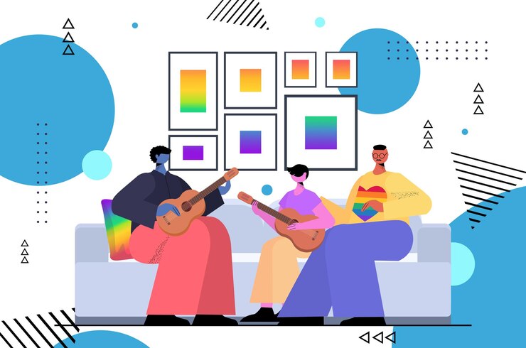 Vector familia gay tocando la guitarra con el hijo paternidad transgénero amor lgbt concepto de comunidad horizontal ilustración vectorial de longitud completa