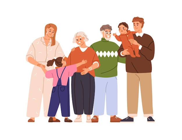 Familia grande niños padres y abuelos personas felices de diferentes generaciones juntas abuela madre padre e hijos ilustración vectorial gráfica plana aislada sobre fondo blanco