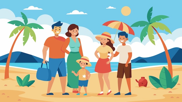 Vector una familia hace un viaje a una hermosa playa deleitándose en el tiempo de calidad pasado juntos sin