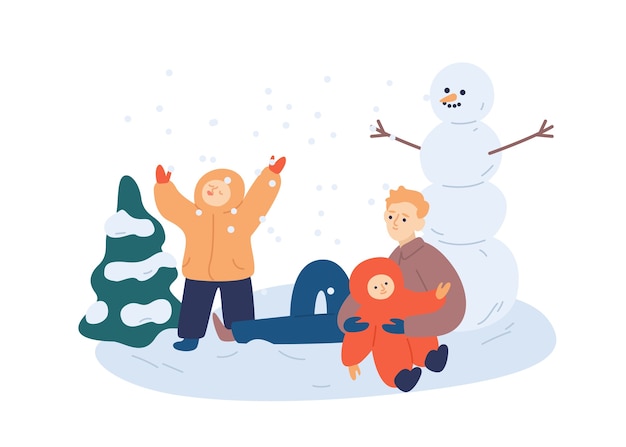 Vector familia haciendo muñeco de nieve