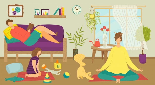 Familia hombre mujer gente juntos en la sala de casa, ilustración. persona descansa en el sofá, carácter feliz en el interior de la casa. Ocio de pareja y niño, padre madre relajarse en el interior.