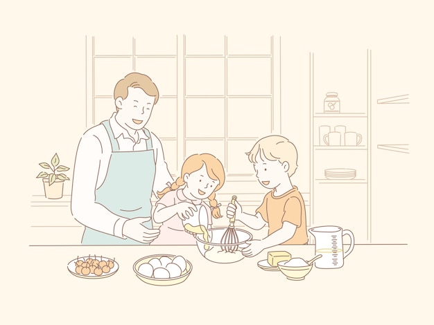 Familia horneando juntos en la cocina en la ilustración de estilo de línea