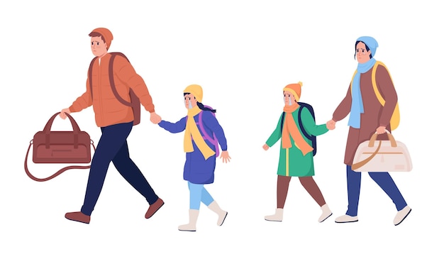Familia huyendo de personajes vectoriales de color semiplano de guerra