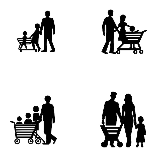 familia con icono de tarjeta de compras Imagen vectorial negra sobre fondo blanco