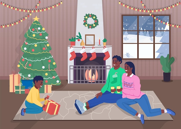 Familia en la ilustración de vector de color plano de navidad