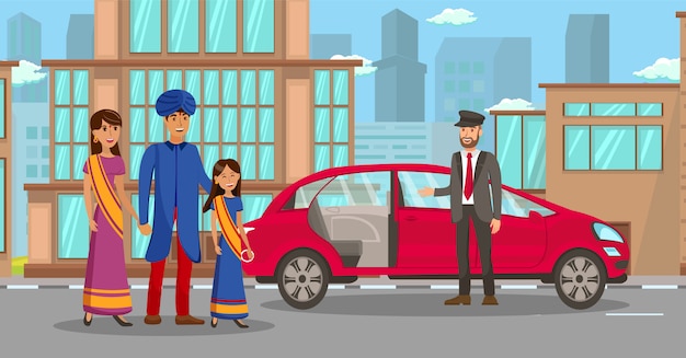Familia india rica esperando el coche ilustración