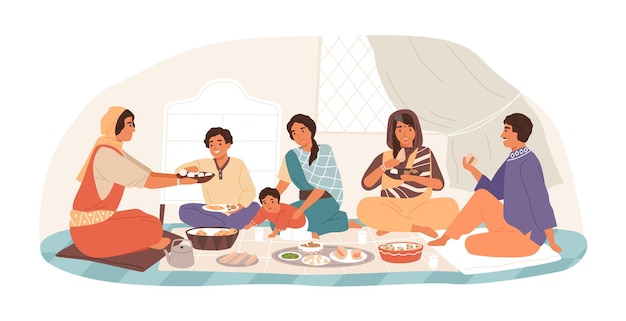 Familia india tradicional feliz en una cena festiva Ilustración plana vectorial Niños padres y abuelos comiendo platos nacionales juntos aislados en blancos Gente sonriente en la comida navideña