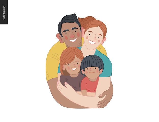 Familia internacional feliz con hijos salud y bienestar de la familia concepto vectorial plano moderno ilustración digital de una familia feliz de padres e hijos plan de seguro médico familiar