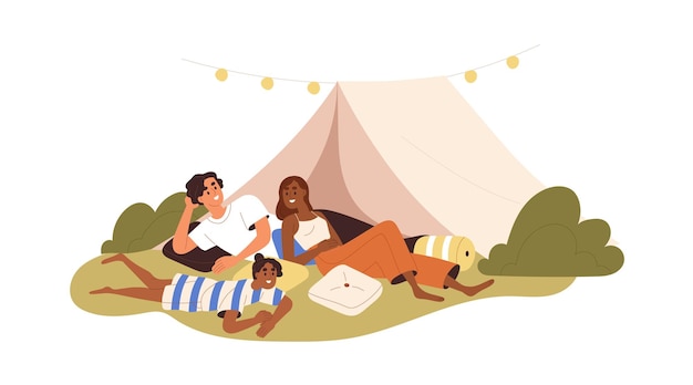 Familia interracial feliz en el camping en vacaciones de verano. Padres y niños cerca de la tienda, relajándose al aire libre en la naturaleza. Madre, padre, niña descansando. Ilustración de vector plano aislado sobre fondo blanco.