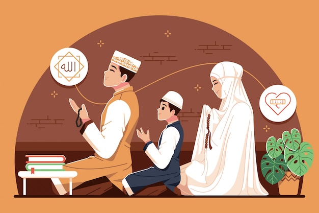 familia islámica rezando juntos ilustración