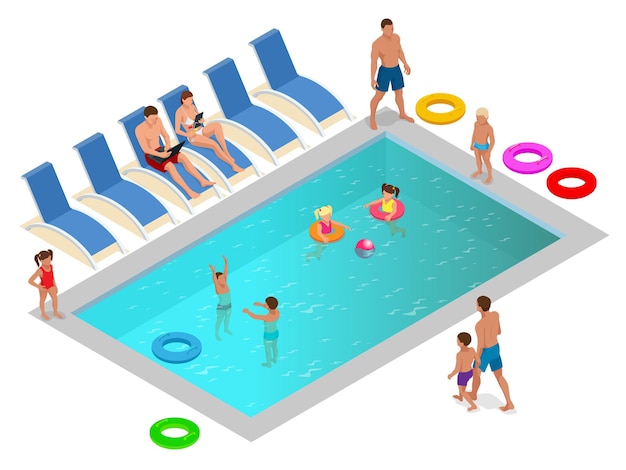 Familia isométrica disfrutando de las vacaciones de verano en el concepto de piscina de lujo. ilustración vectorial