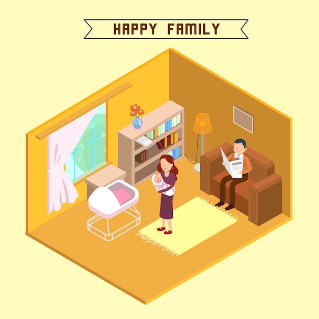 Familia isométrica interior feliz