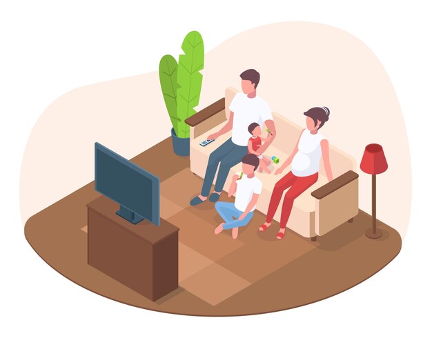 Familia isométrica con niño viendo televisión en la sala de estar Paternidad madre y padre con niños viendo ilustración vectorial de televisión Adultos con niños en la sala de estar Pareja hijos descansando juntos