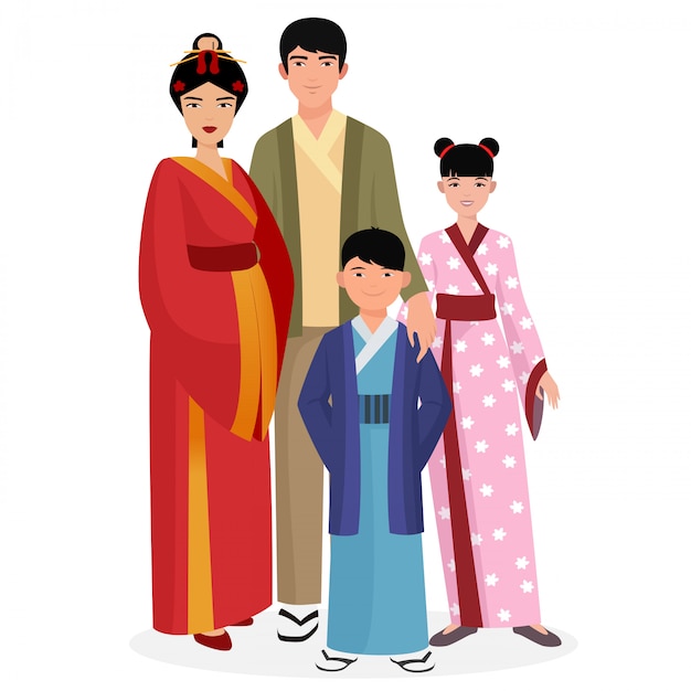 Familia japonesa en ropa tradicional.