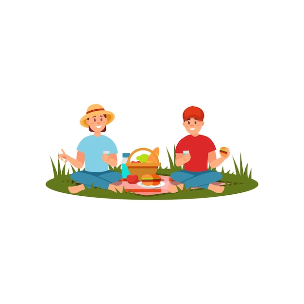 Familia joven pareja haciendo picnic en la naturaleza gente sentada en una manta y comiendo actividad al aire libre de verano diseño vectorial plano