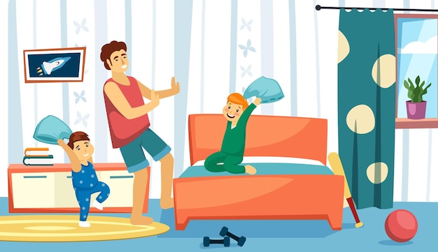 Familia jugando con almohadas, hermanas y hermanos, peleas con almohadas y saltando en la cama, casa, niños, atracción, vector, caricatura, fondo