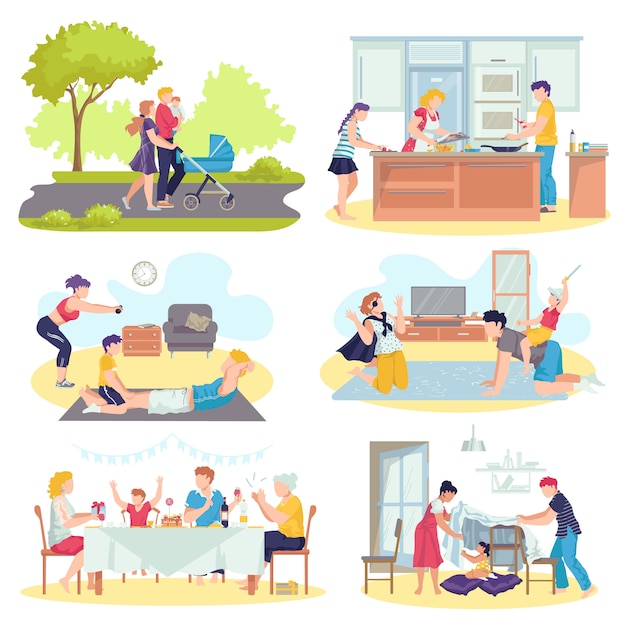 Familia junto con el concepto de niños conjunto de ilustraciones. Padre y madre jugando con los niños en la sala de estar, caminando, cocinando, pasando tiempo juntos. Padres e hijos felices.