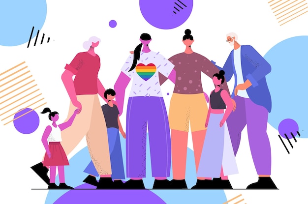 Familia lesbiana con padres e hijos parados juntos a los transgénero les encanta el concepto de comunidad lgbt