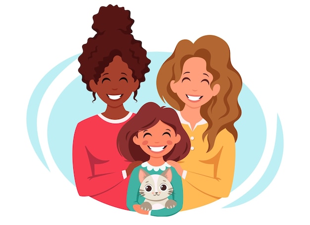 Vector familia de lesbianas con hija y gato pareja multicultural