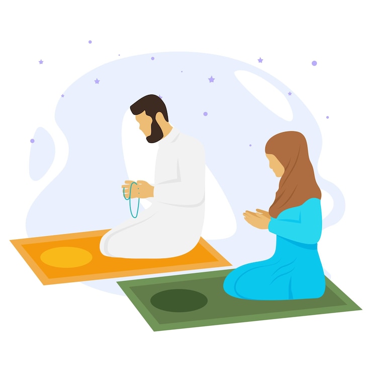 Vector familia levantando las manos en oración concepto marido y mujer sentados en oración diseño vectorial de alfombra
