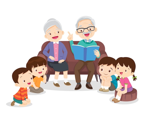 Familia leyendo cuentos de hadas a niños leyendo y contando libros, abuelos leyendo libros en el sofá