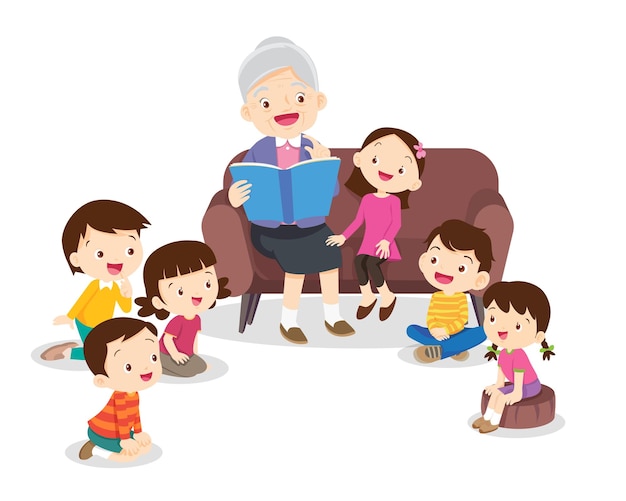 Vector familia leyendo cuentos de hadas a niños leyendo y contando libros, abuelos leyendo libros en el sofá