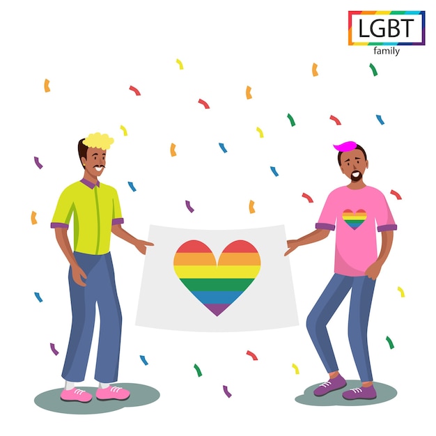 Familia LGBT dos hombres sosteniendo una bandera del arco iris en el desfile - ilustración vectorial