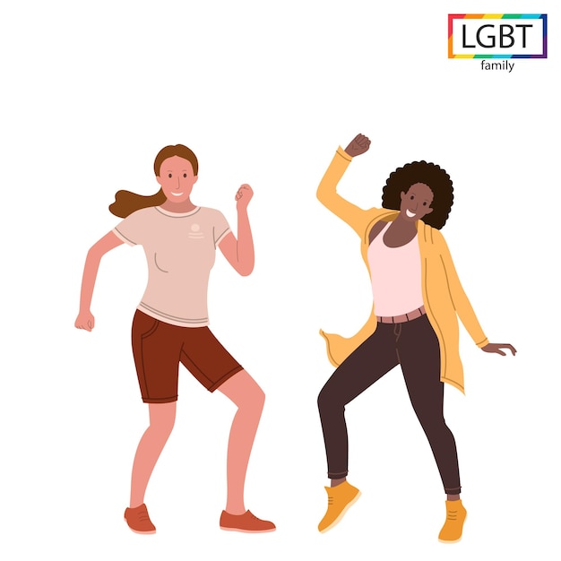 Familia lgbt dos niñas bailando divertido - ilustración vectorial