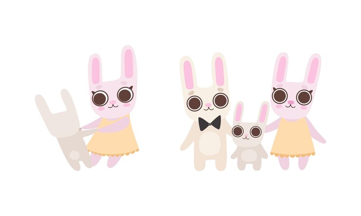 Vector familia de liebres con madre, padre y cachorro sosteniendo las patas y el conjunto vectorial de pie