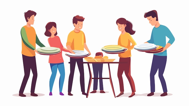 Vector la familia limpia los platos juntos y se apoya en las tareas domésticas