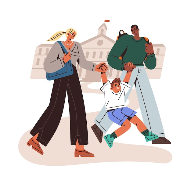 Familia linda tomándose de la mano caminando juntos Los padres recogen a su hijo de la escuela El padre lleva la mochila La madre, el padre y el niño se divierten jugando al aire libre Ilustración vectorial aislada plana sobre fondo blanco