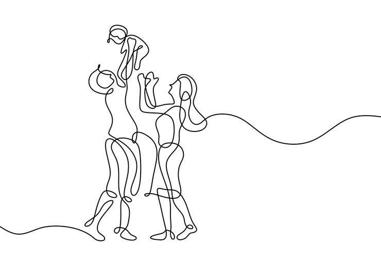 Familia de una línea de dibujo minimalista con niño.