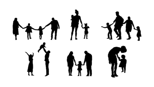 Vector familia madre y padre caminando y jugando juntos con los niños siluetas conjunto