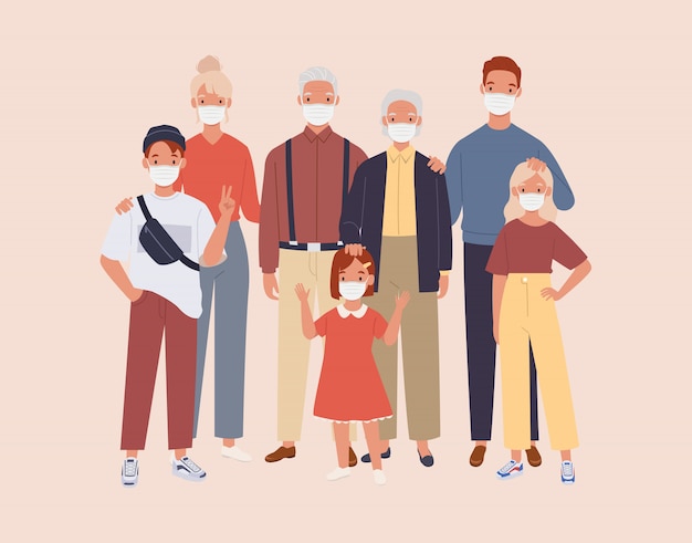 Familia con máscara médica protectora para prevenir virus y contaminación del aire.