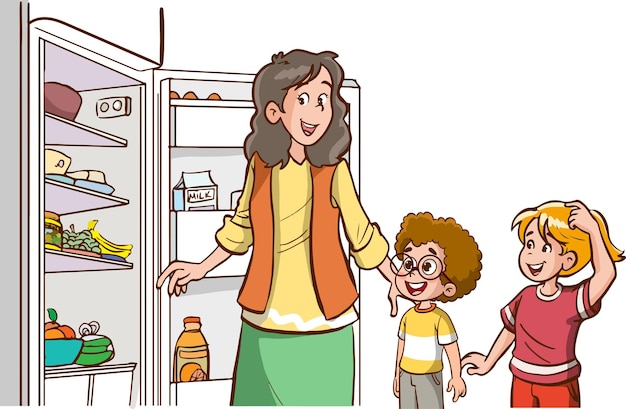 familia mirando comida con la puerta del refrigerador abierta