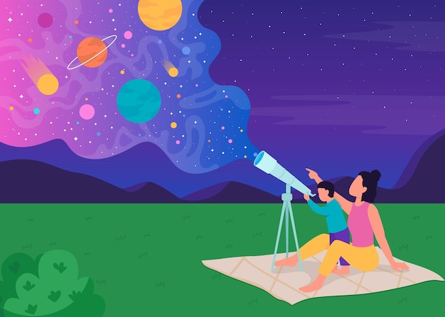 Familia mirando las estrellas con telescopio ilustración de color plano