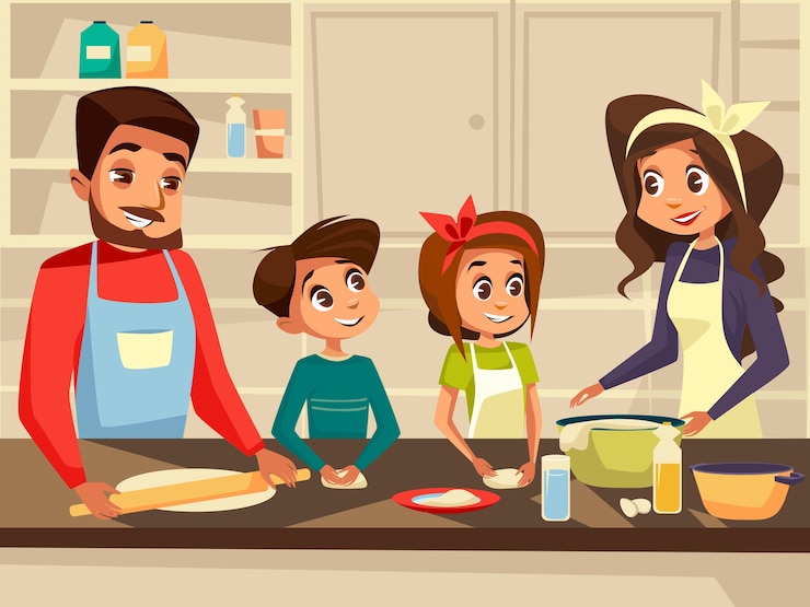 Vector familia moderna, juntos, cocina, en, cocina
