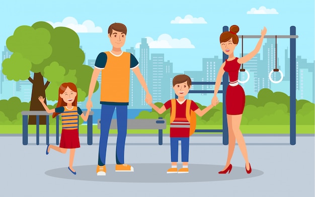 Familia moderna, niños con padres ilustración plana