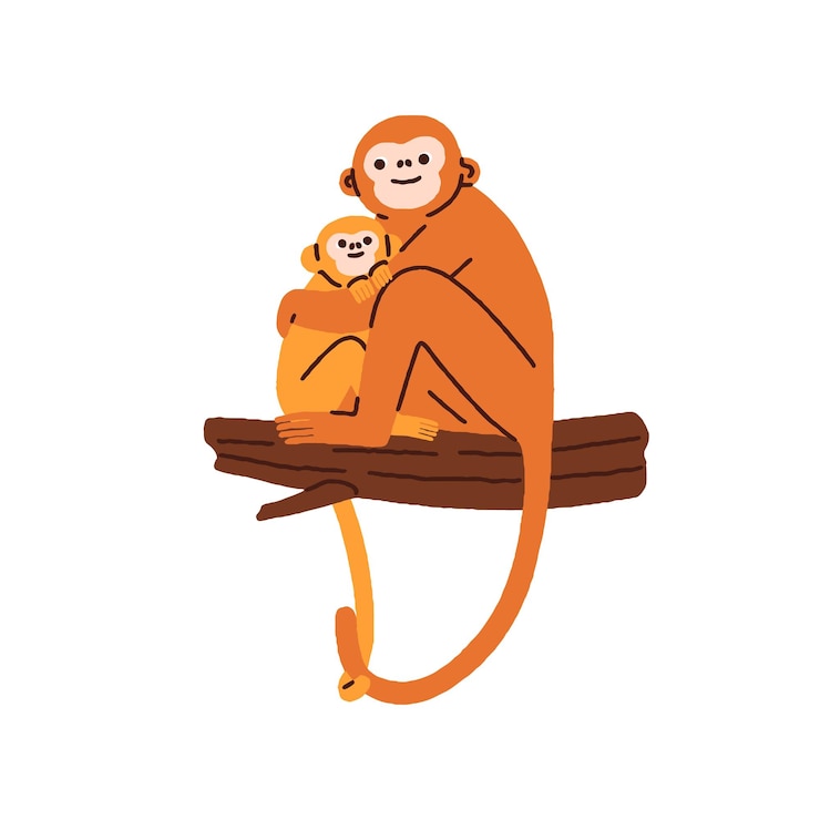 Vector familia de monos linda divertida madre y bebé sentados en la rama de un árbol abrazándose felices sonriendo abrazando a la madre y el niño animales niños primates de la selva ilustración vectorial plana aislada en fondo blanco