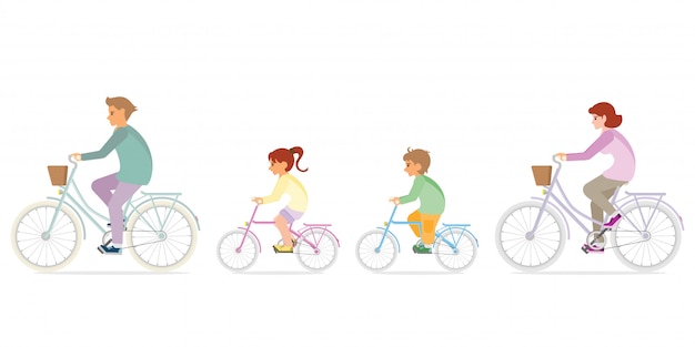 Vector la familia está montando en bicicletas en blanco.